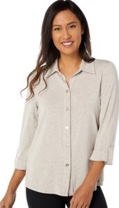 bamboo stretch knit collared long sleeve button down