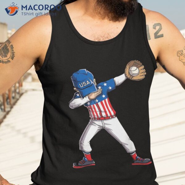 Dabbing Baseball Player 4th Of July Usa American Flag Boys Shirt