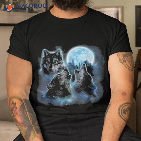 Three Wolves Howling Under Icy Full Moon, Gray Wolf Shirt