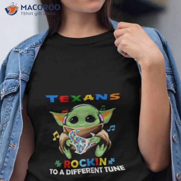 Baby Yoda Hug Houston Texans Autism Rockin To A Different Tune Shirt