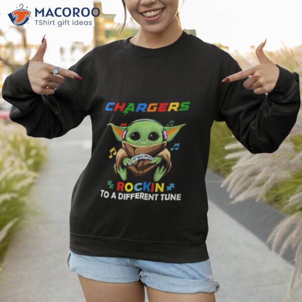 Baby Yoda Hug Los Angeles Chargers Autism Rockin To A Different Tune Shirt
