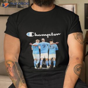 champion kevin bruyne erling haaland and julian alvarez manchester city fc 2023 signatures shirt tshirt