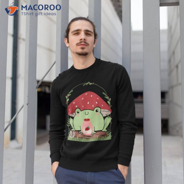 Cottagecore Frog Strawberry Milk On Log Cute Mushroom Hat Shirt