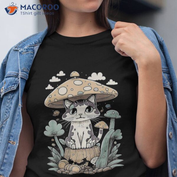 Cute Cottagecore Aesthetic Cat Mushroom Hat Kids Shirt