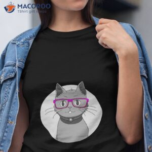 cute grey cat with nerdy pink glasses anime shirt tshirt