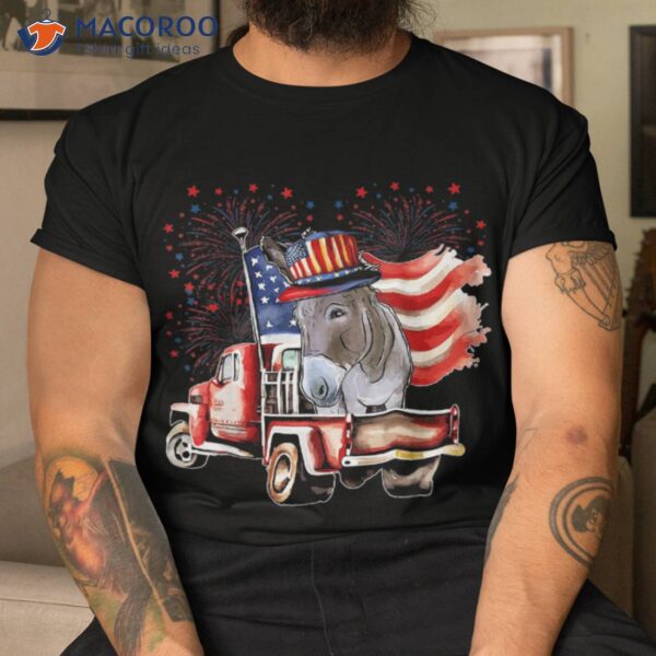 Donkey On Pickup Truck With American Flag 4th Of July Farmer Shirt