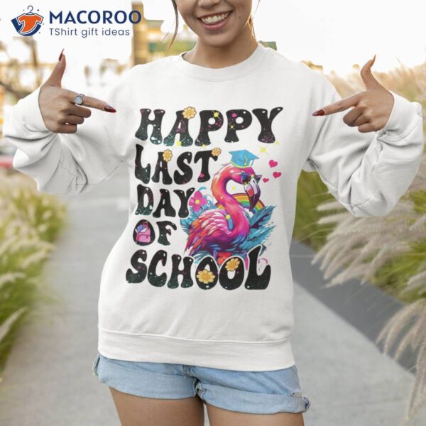 Happy Last Day Of School Teacher Groovy Flamingo Rainbow Shirt