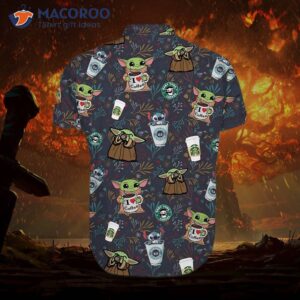 huntfami cute green baby alien with coffee hawaiian shirt 2