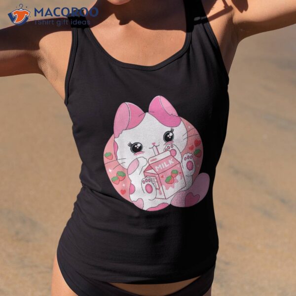 Kawaii Anime Cat Drinking Strawberry Milk Cute Japanese Neko Shirt