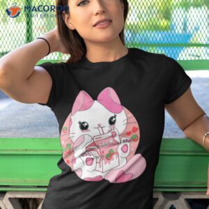 kawaii anime cat drinking strawberry milk cute japanese neko shirt tshirt 1