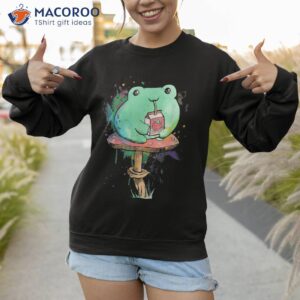 kawaii cottagecore frog drink strawberry milk on mushroom shirt sweatshirt