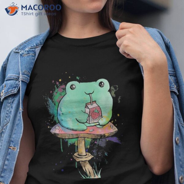 Kawaii Cottagecore Frog Drink Strawberry Milk On Mushroom Shirt