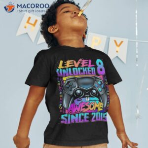 level 8 unlocked awesome since 2015 8th birthday gaming kids shirt tshirt