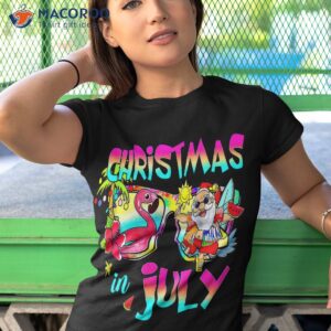 pink flamingo santa hat christmas in july summer vacation shirt tshirt 1