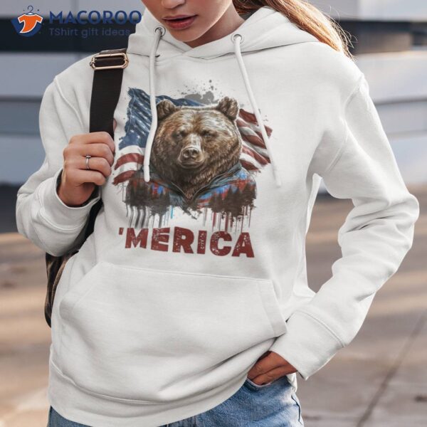 Retro Merica Brown Bear American Flag 4th Of July Vintage Shirt