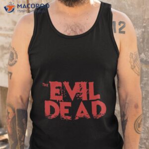 the evil dead movie cover red distressed title text typography shirt tank top