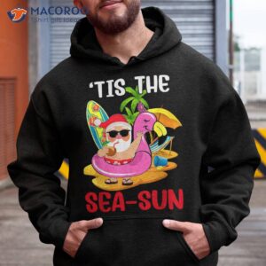 tis the sea sun santa surf flamingo float christmas in july shirt hoodie 1