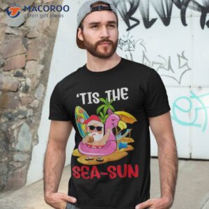 tis the sea sun santa surf flamingo float christmas in july shirt tshirt 3