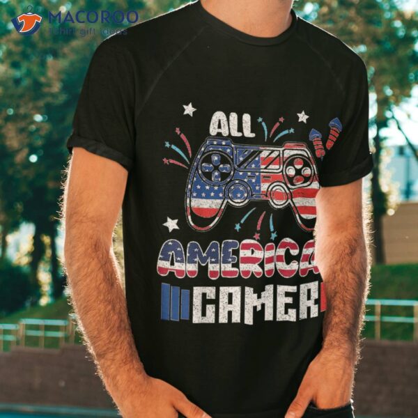 4th Of July Boys Kids All American Gamer Flag Shirt