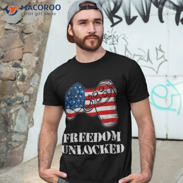 4th Of July Shirt Video Game Gamer Usa Flag Freedom Unlocked