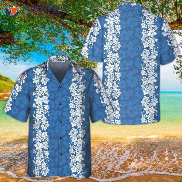 A Blue Hibiscus-patterned Hawaiian Shirt With Short Sleeves And Vintage White Hibiscus Print Is Available.