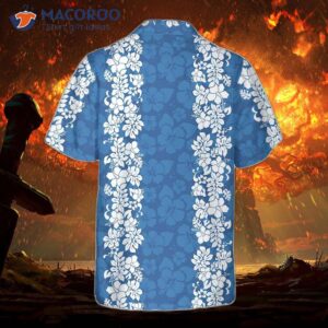A Blue Hibiscus-patterned Hawaiian Shirt With Short Sleeves And Vintage White Hibiscus Print Is Available.