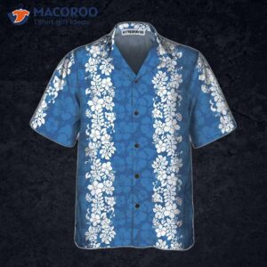 a blue hibiscus patterned hawaiian shirt with short sleeves and vintage white hibiscus print is available 2