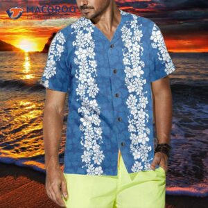 a blue hibiscus patterned hawaiian shirt with short sleeves and vintage white hibiscus print is available 3