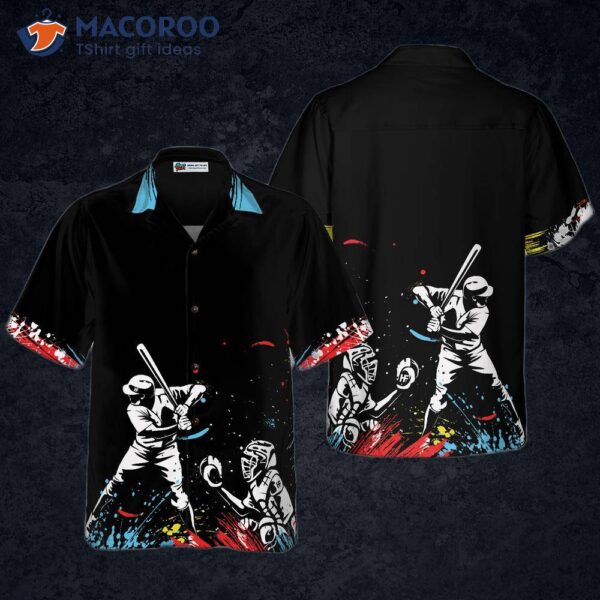 A Hawaiian Shirt With Dark Background And Colorful Baseballs.