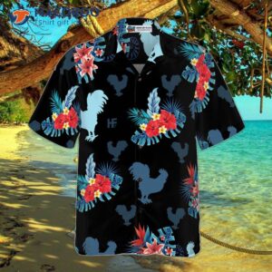 a rooster in tropical blue hawaiian shirt 3