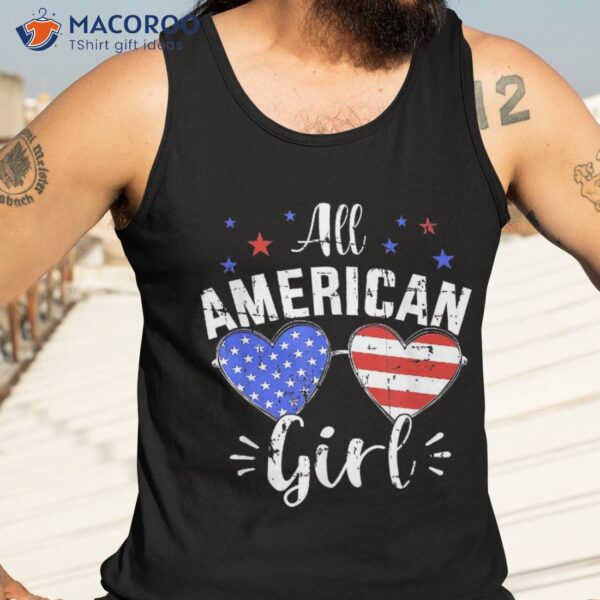 All American 4th Of July Girl With Sunglasses And Us Flag Shirt