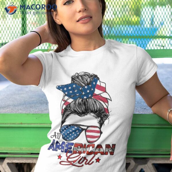 All American Girl 4th July Messy Bun Us Flag Shirt