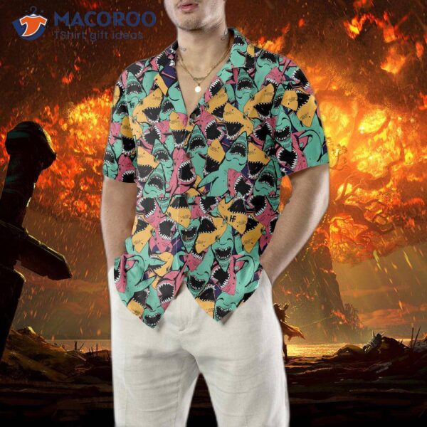 Angry Shark Seamless Pattern Hawaiian Button-up Shirt For Adults, Print