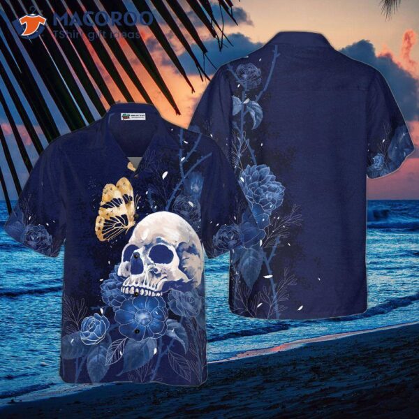 Artistic Gothic Skull With Butterfly Hawaiian Shirt For , Blue Peony Flower Goth