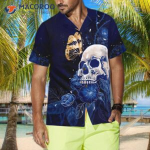 artistic gothic skull with butterfly hawaiian shirt for blue peony flower goth 3