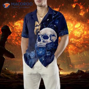 artistic gothic skull with butterfly hawaiian shirt for blue peony flower goth 4