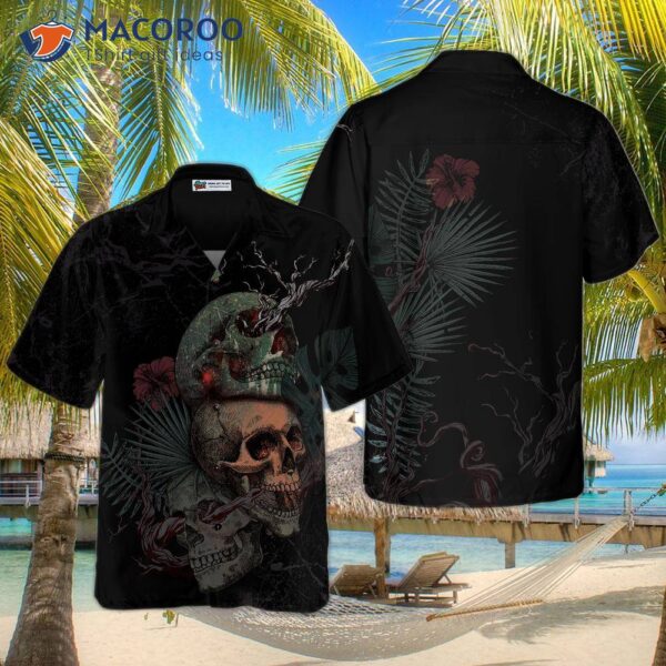 Artistic Gothic Skull With Flowers Goth Hawaiian Shirt, Black Shirt For