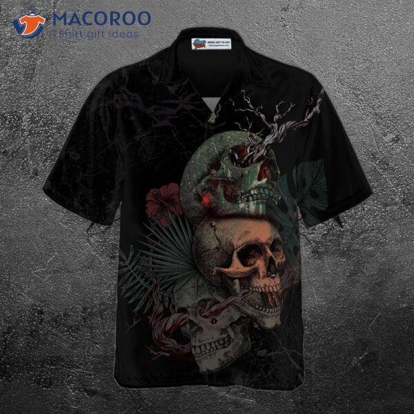 Artistic Gothic Skull With Flowers Goth Hawaiian Shirt, Black Shirt For