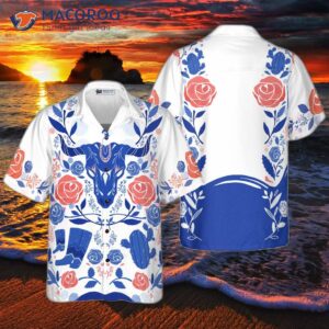 artistic longhorn skull texas hawaiian shirt for white and blue texans lovers 0