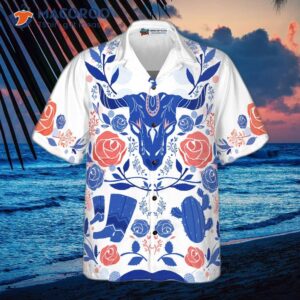 artistic longhorn skull texas hawaiian shirt for white and blue texans lovers 1