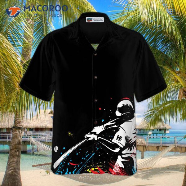 Baseball Players’ Silhouettes Are On A Paintball Pattern Hawaiian Shirt.