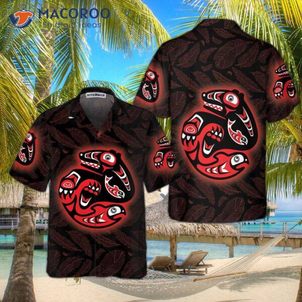 Bear Catching Salmon Native American Hawaiian Shirt, Feather Seamless Pattern Indigenous Shirt