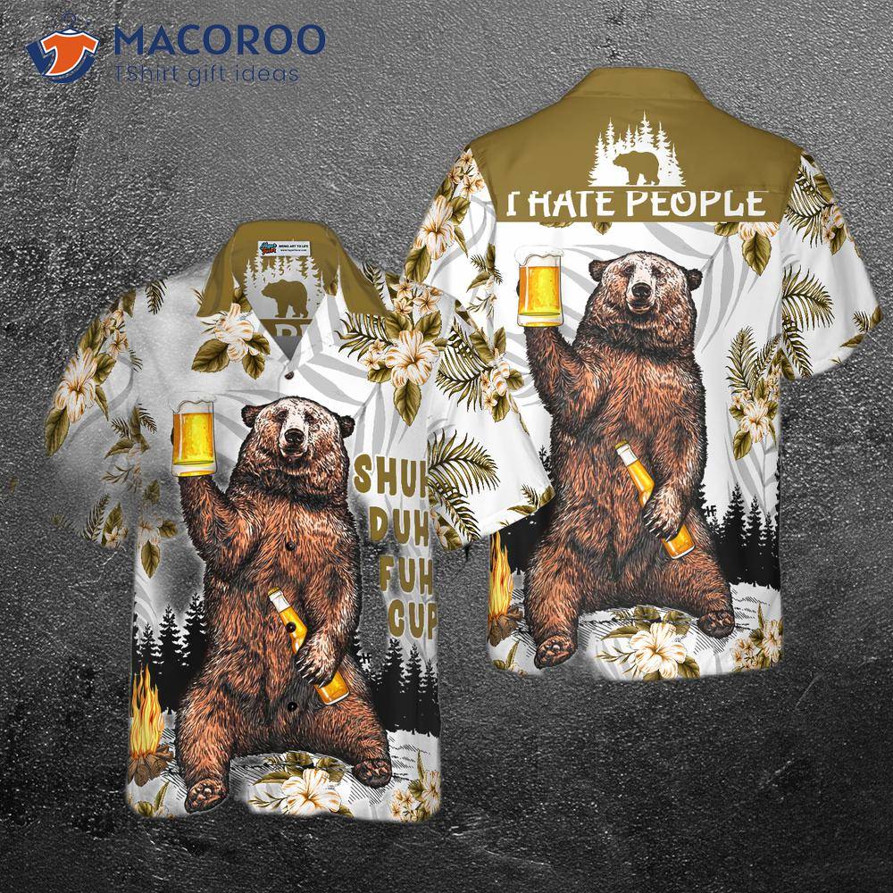 Bear Drinks Beer And Wears A Hawaiian Shirt. Bear Drinks Beer And Wears A Hawaiian Shirt.
