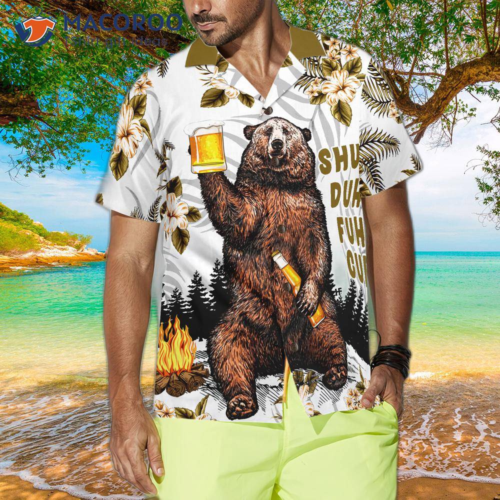 Bear Drinks Beer And Wears A Hawaiian Shirt. Bear Drinks Beer And Wears A Hawaiian Shirt.