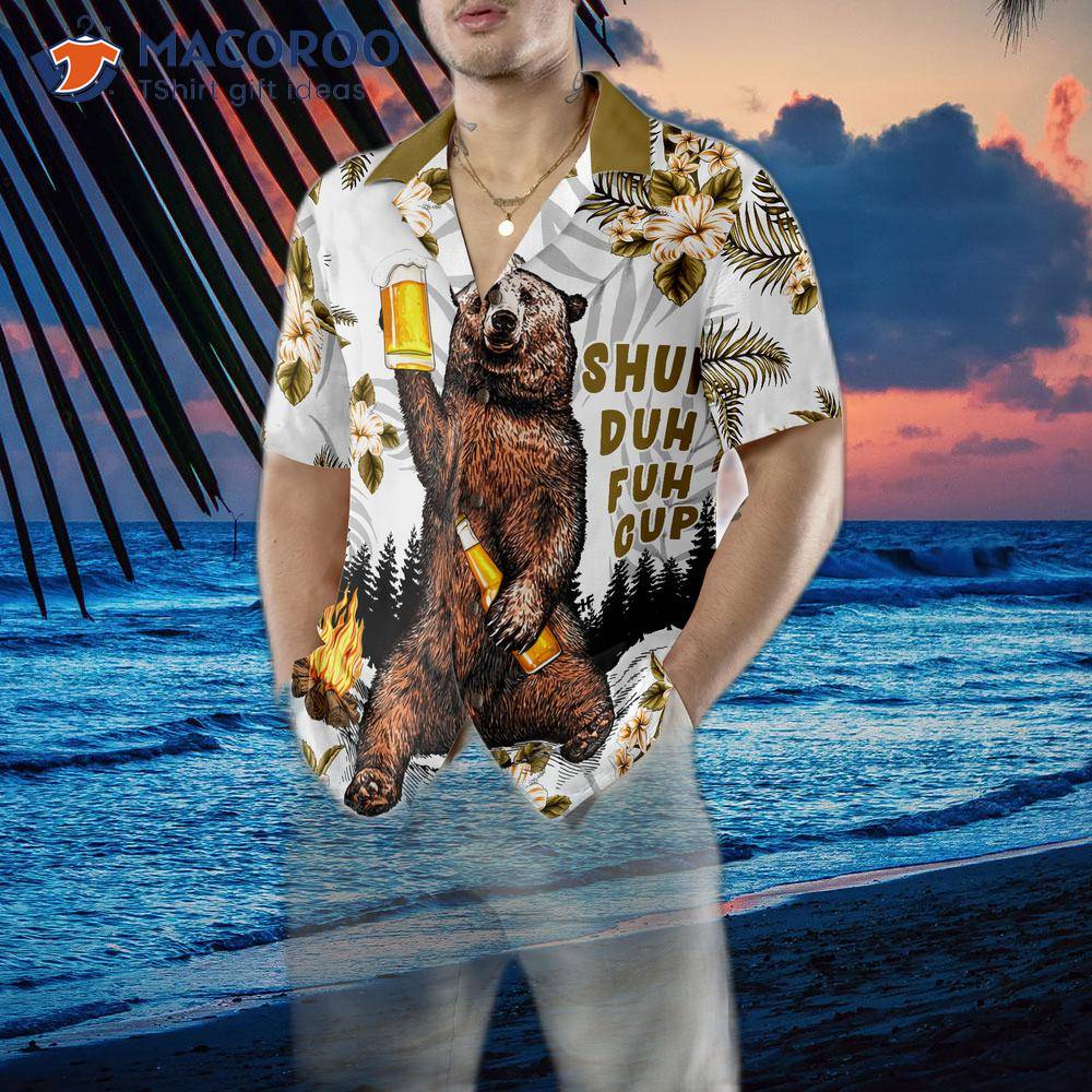 Bear Drinks Beer And Wears A Hawaiian Shirt. Bear Drinks Beer And Wears A Hawaiian Shirt.