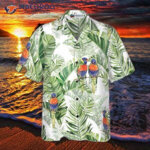 beautiful watercolor parrots wearing green hawaiian shirts 2