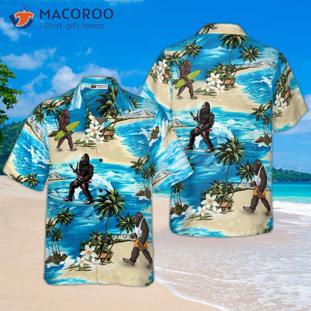 Bigfoot Aloha Beach Hawaiian Shirt, Palm Tree And Flower Blue