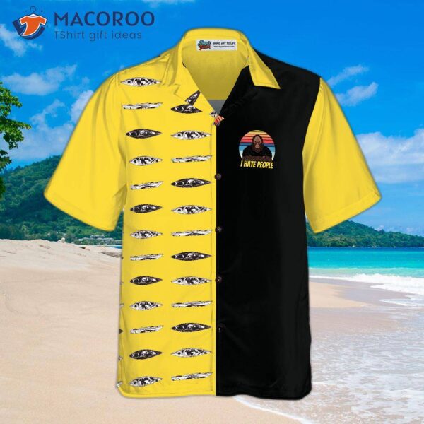 Bigfoot Darryl Loves Kayaking And Hates People. The Hawaiian Shirt Has A Dawn Palette In Black Yellow, Perfect For .