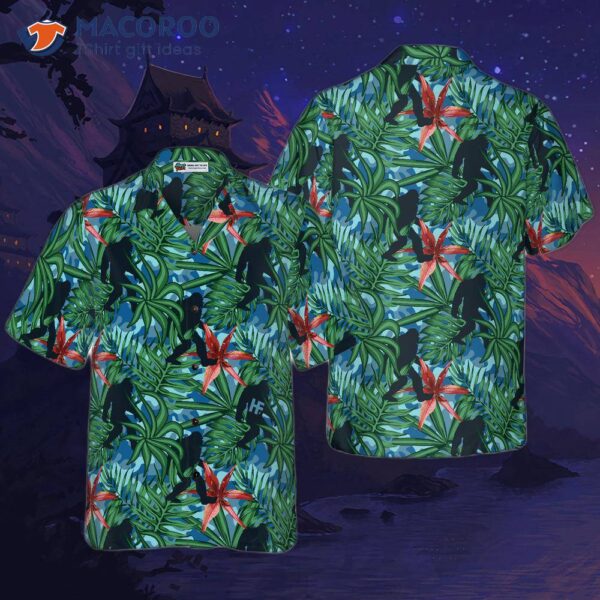 Bigfoot Silhouette Walking Hawaiian Shirt, Tropical Forest Floral Shirt For