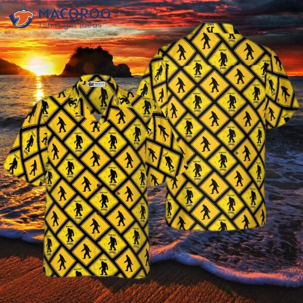 Bigfoot Yellow Square Hawaiian Shirt With Diamond Pattern Caution Signs, For